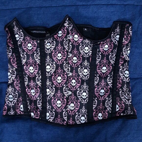 🆕️ 31"-34" Lavish XL underbust corset black pink white satin skulls corset busk - Picture 2 of 9